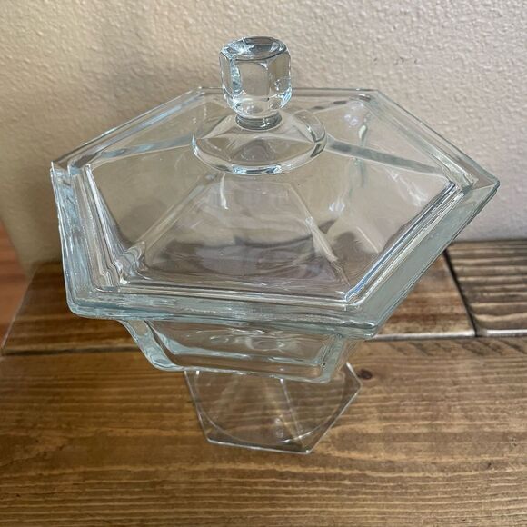 Vintage Pressed Glass Hexagon Shaped Candy Dish with Lid - Picture 2 of 15